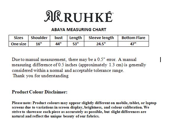 RUHKÉ luxury olive grey stone-work abaya featuring premium nida fabric and tassel sleeve detailing Size Chart