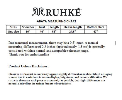 RUHKÉ luxury olive grey stone-work abaya featuring premium nida fabric and tassel sleeve detailing Size Chart