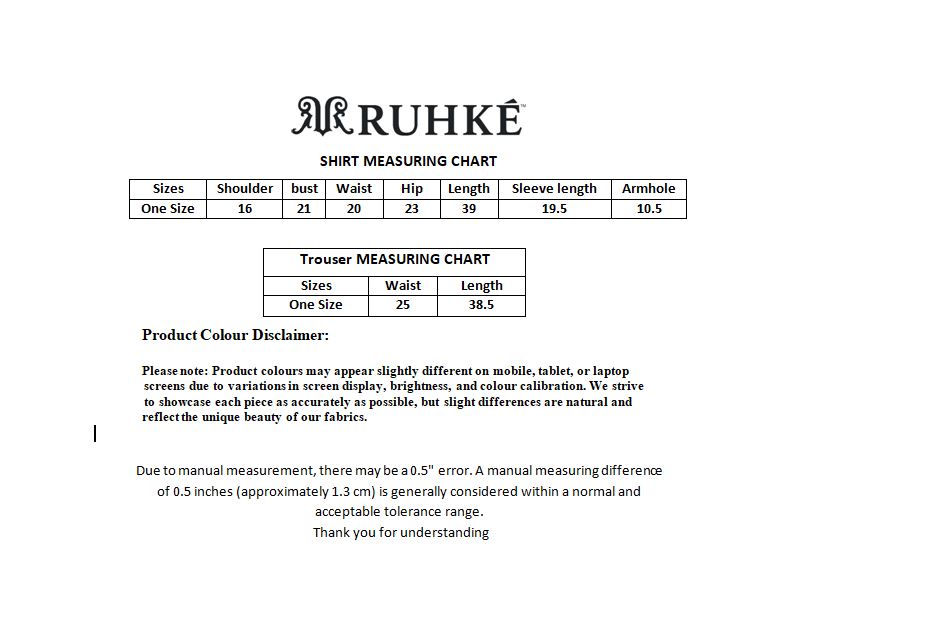 Ruhke shirt and trouser measuring chart on a white background