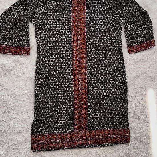 Printed lawn long shirt with contrast border detailing video of shirt