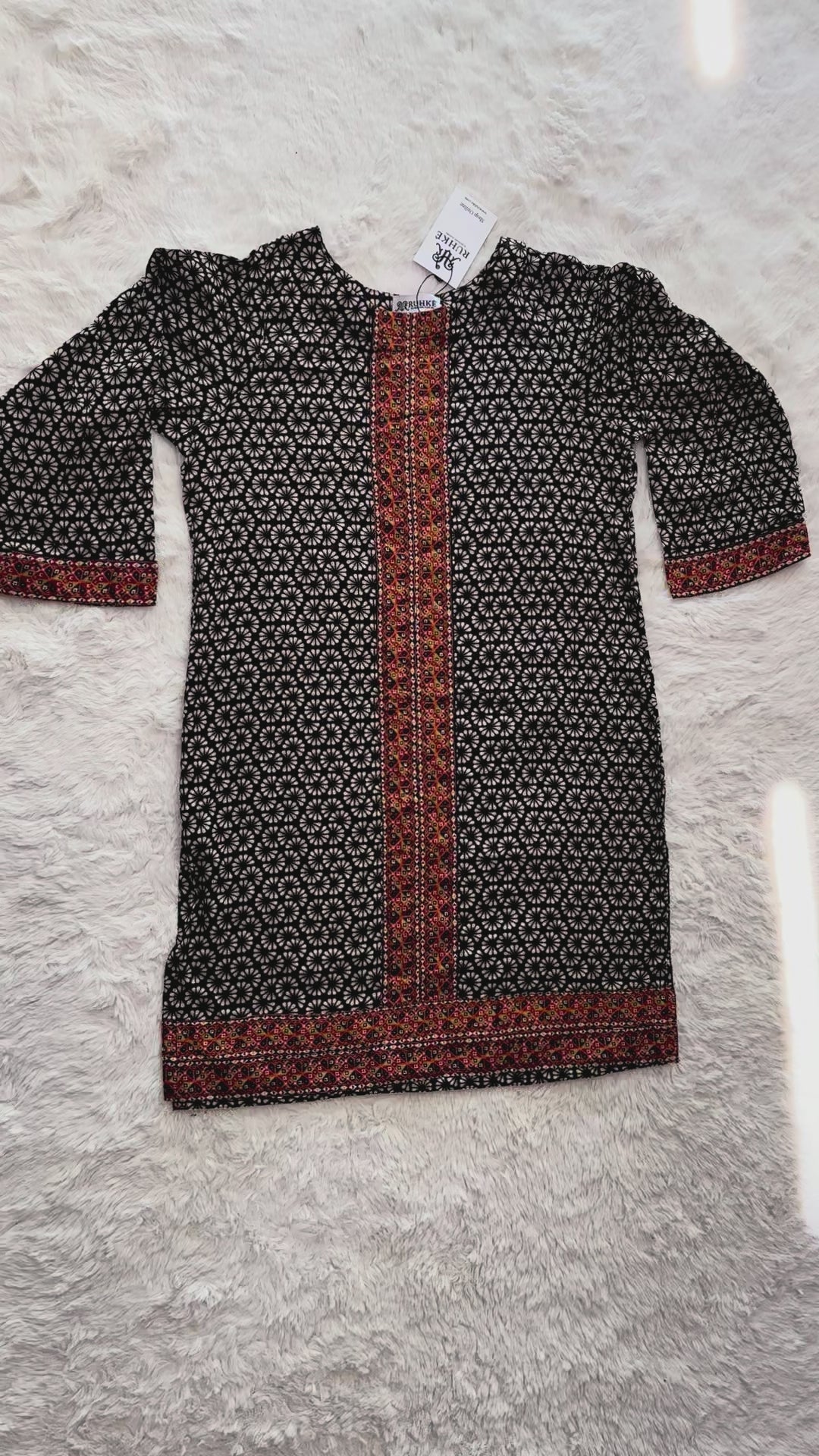 Printed lawn long shirt with contrast border detailing video of shirt