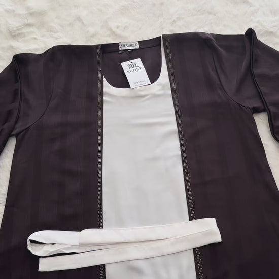 Front view of brown crinkle crepe silk Video blend open abaya with white Korean silk crêpe hijab