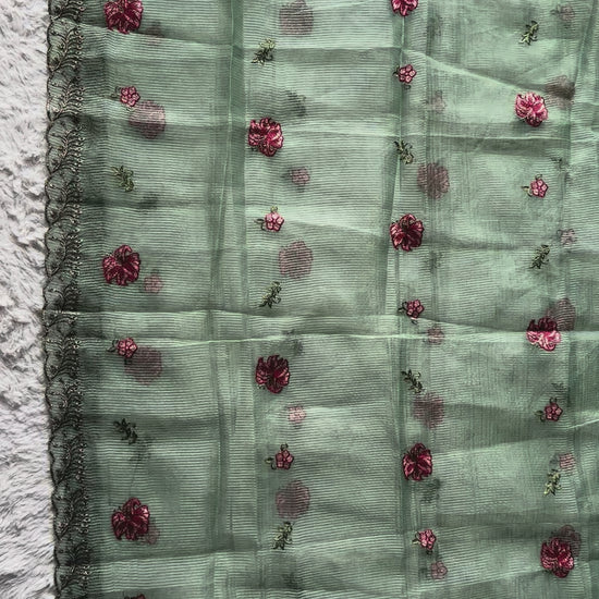 Luxury women’s sage green embroidered kurta with ornate cut-work borders, zari embellishment and sheer organza net dupatta | RUHKÉ Video