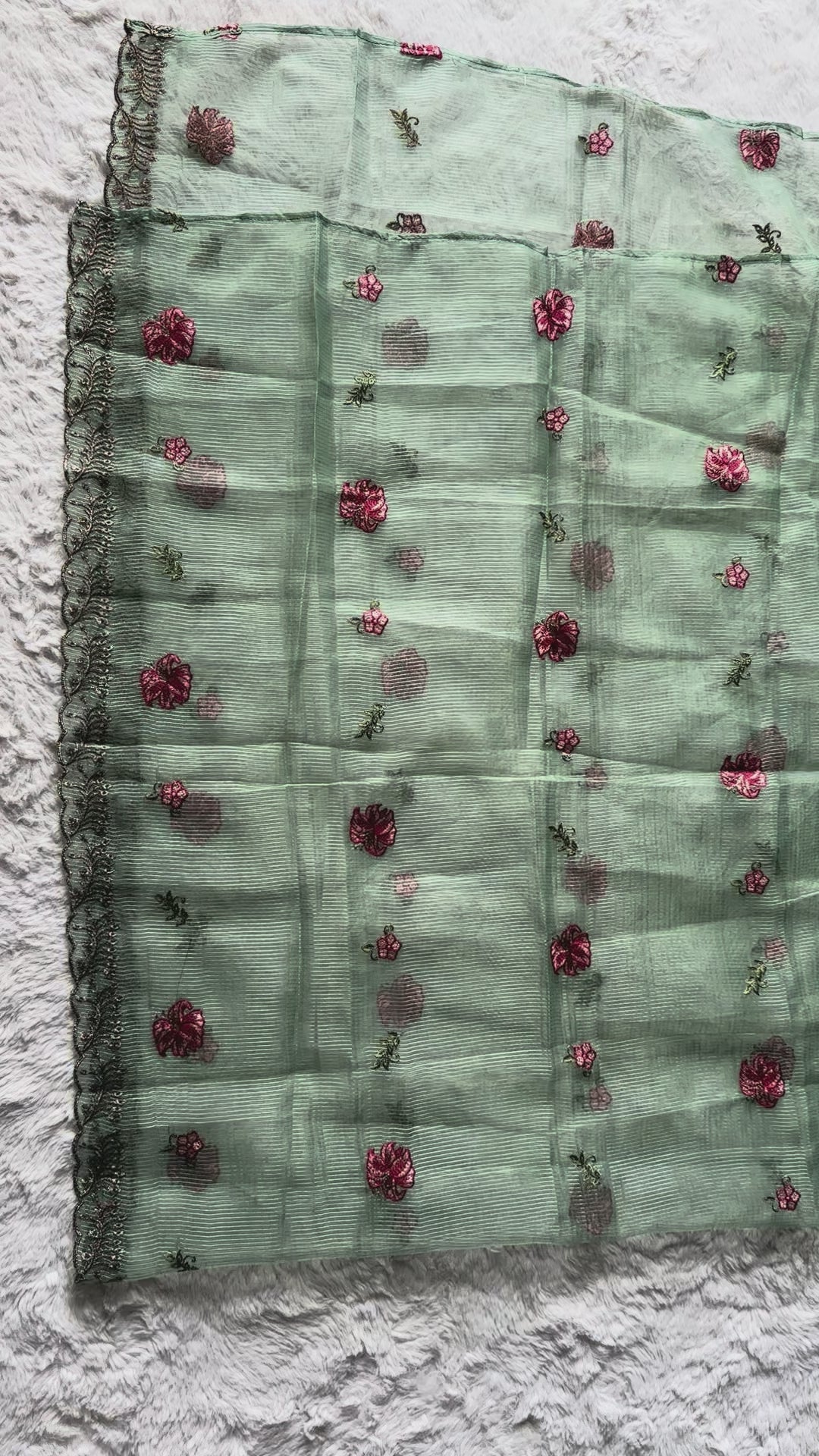 Luxury women’s sage green embroidered kurta with ornate cut-work borders, zari embellishment and sheer organza net dupatta | RUHKÉ Video