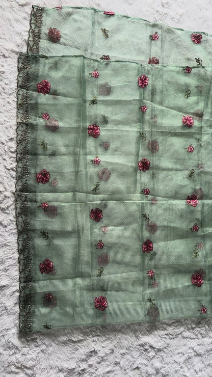 Luxury women’s sage green embroidered kurta with ornate cut-work borders, zari embellishment and sheer organza net dupatta | RUHKÉ Video