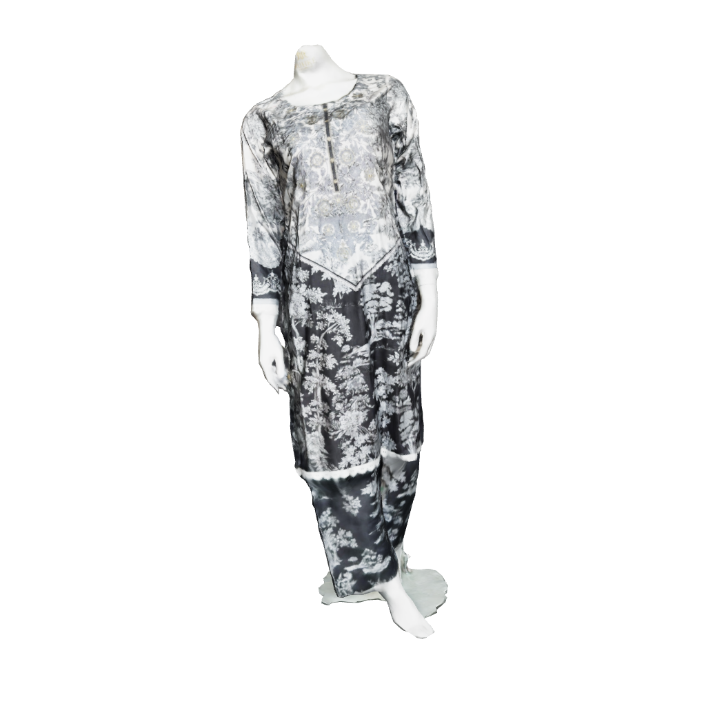 3D view of printed embroidered lawn suit with chiffon dupatta