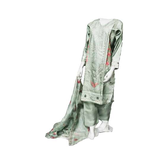 High-end sage green kurta set with detailed cut-work embroidery, delicate zari accents and luxury organza net dupatta by RUHKÉ 3D Image