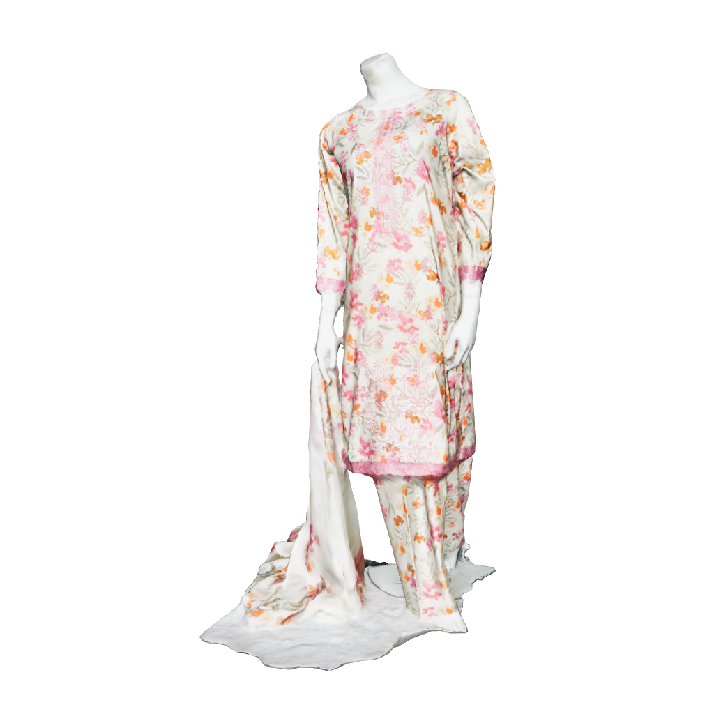 3D Model showcasing floral cream printed 3-piece lawn suit with chiffon dupatta, highlighting fabric flow, fit, and luxury finish
