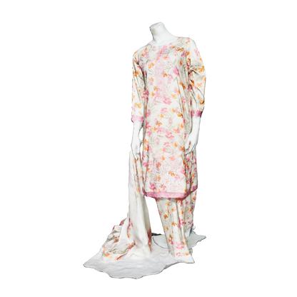 3D Model showcasing floral cream printed 3-piece lawn suit with chiffon dupatta, highlighting fabric flow, fit, and luxury finish