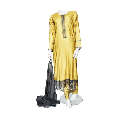 3D view of mustard yellow long lawn dress 3 piece set