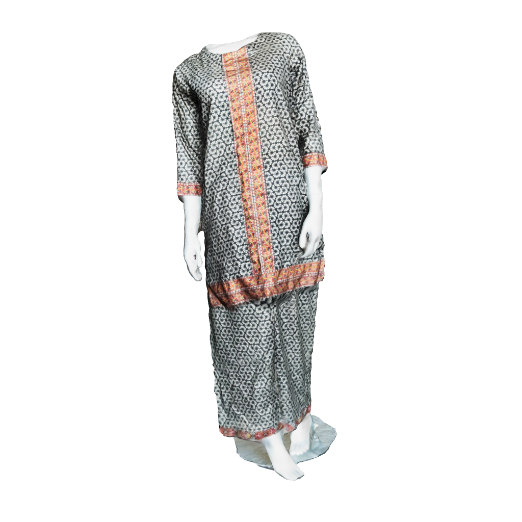 Printed lawn long shirt with contrast border detailing 3D model