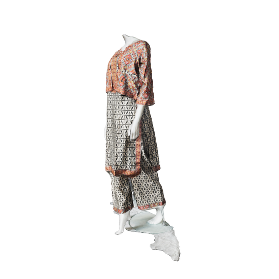 3D close-up detailing of RUHKÉ™ Ajrak-inspired statement jacket