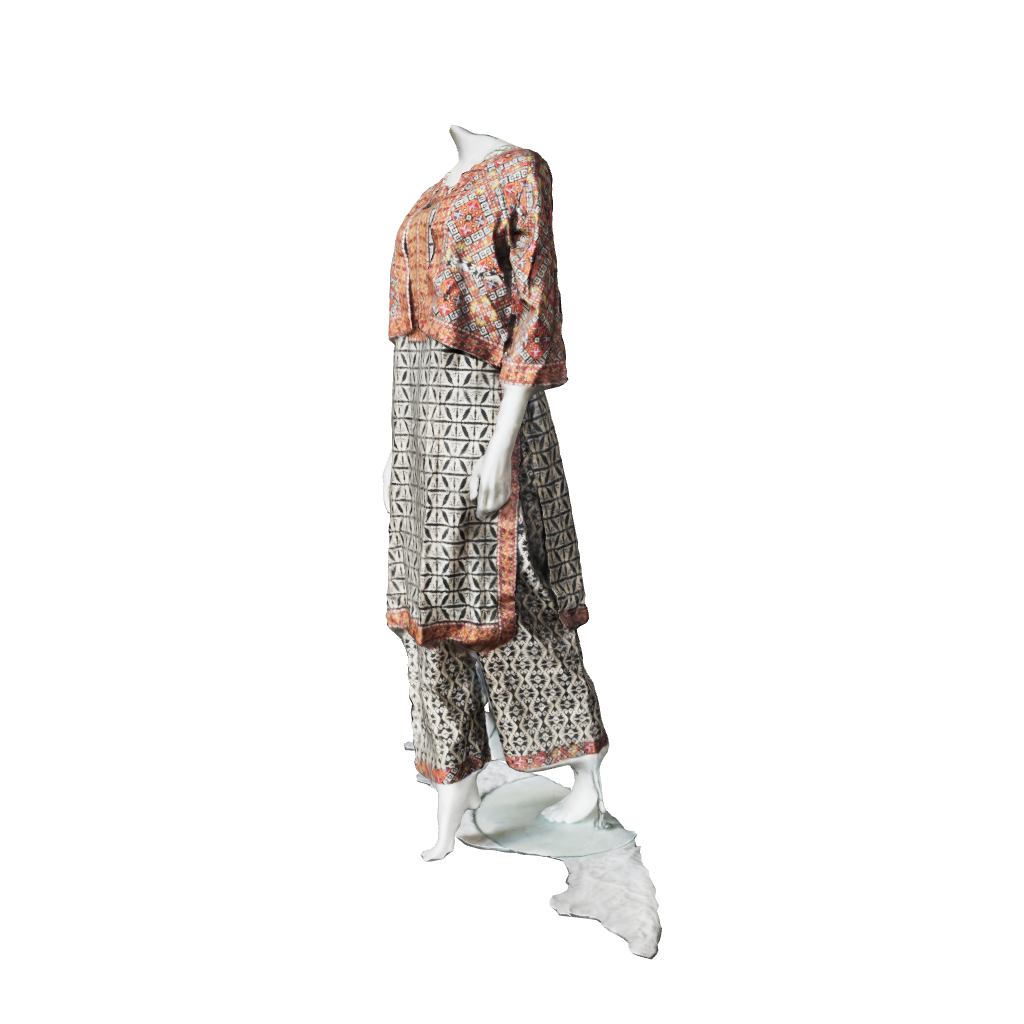 3D close-up detailing of RUHKÉ™ Ajrak-inspired statement jacket