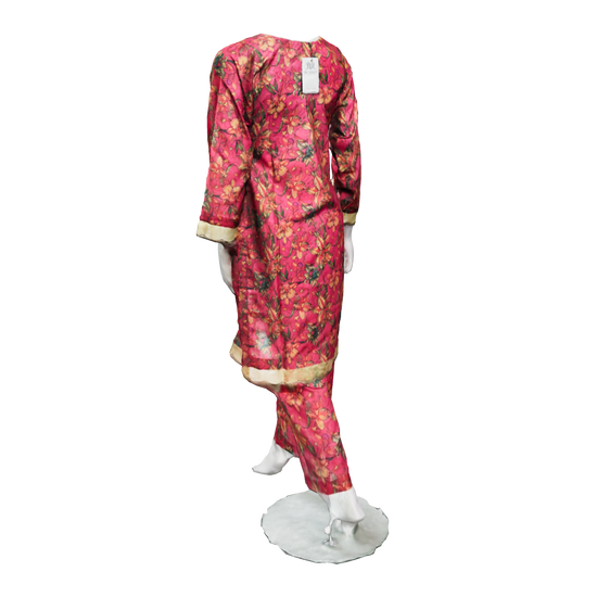 3D view of printed lawn dress 2 piece set with organza lace patches