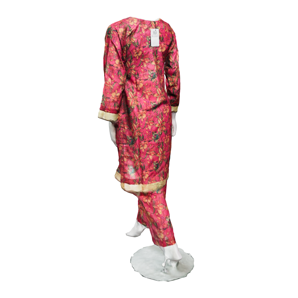 3D view of printed lawn dress 2 piece set with organza lace patches