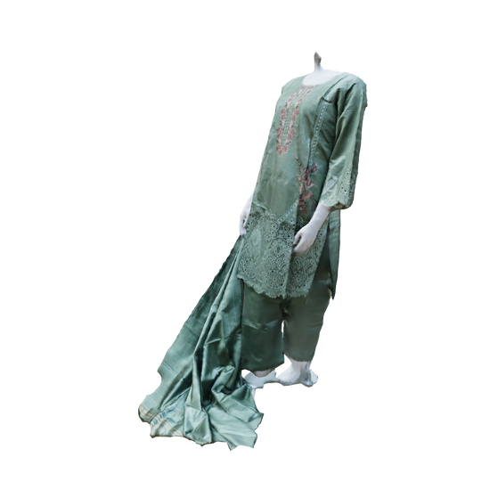 RUHKÉ designer sage green kurta showcasing artisanal cut-work craftsmanship, floral thread embroidery and a flowing silk dupatta 3D