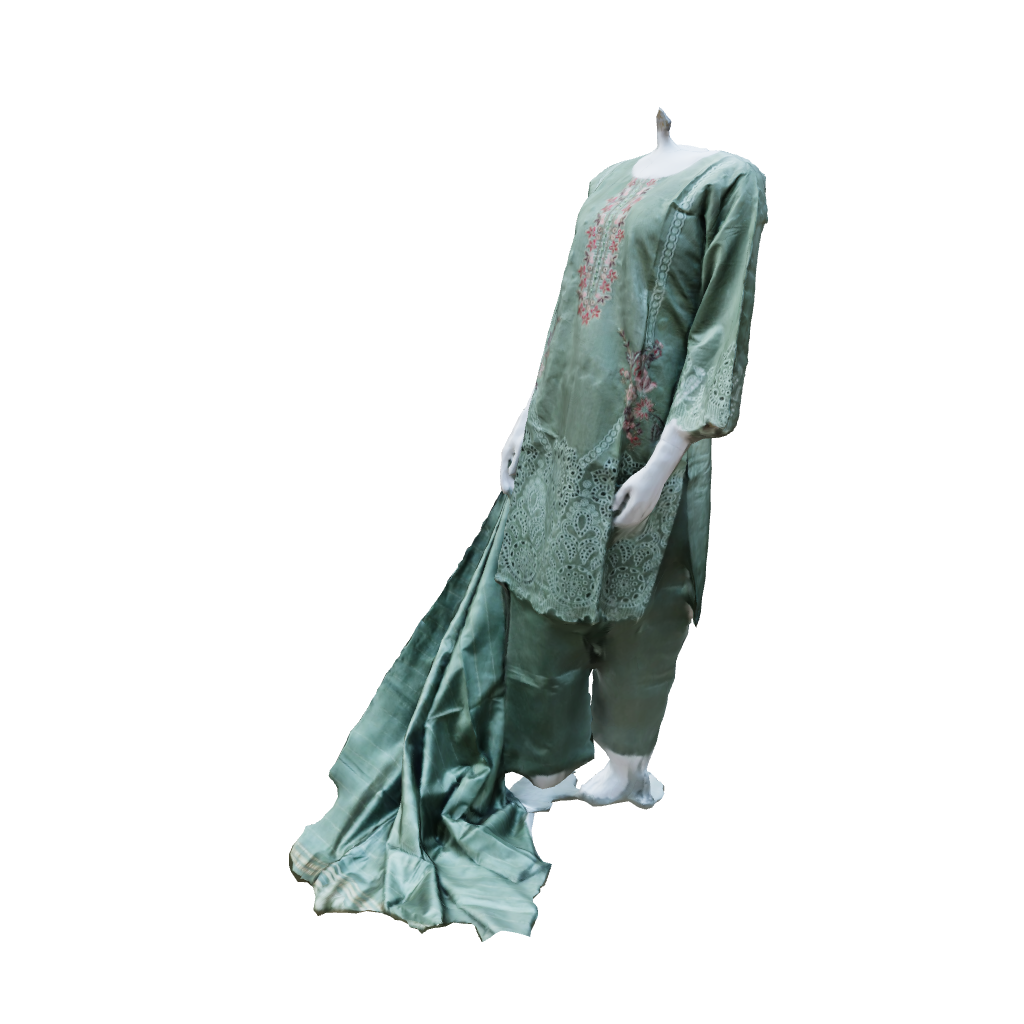 RUHKÉ designer sage green kurta showcasing artisanal cut-work craftsmanship, floral thread embroidery and a flowing silk dupatta 3D