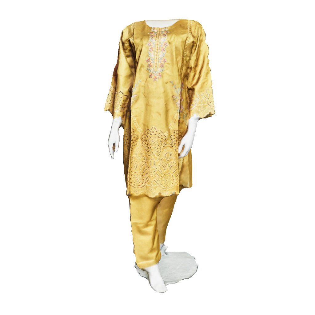 3D view of mustard viscose khadi embroidered long dress