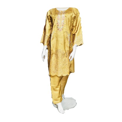 3D view of mustard viscose khadi embroidered long dress