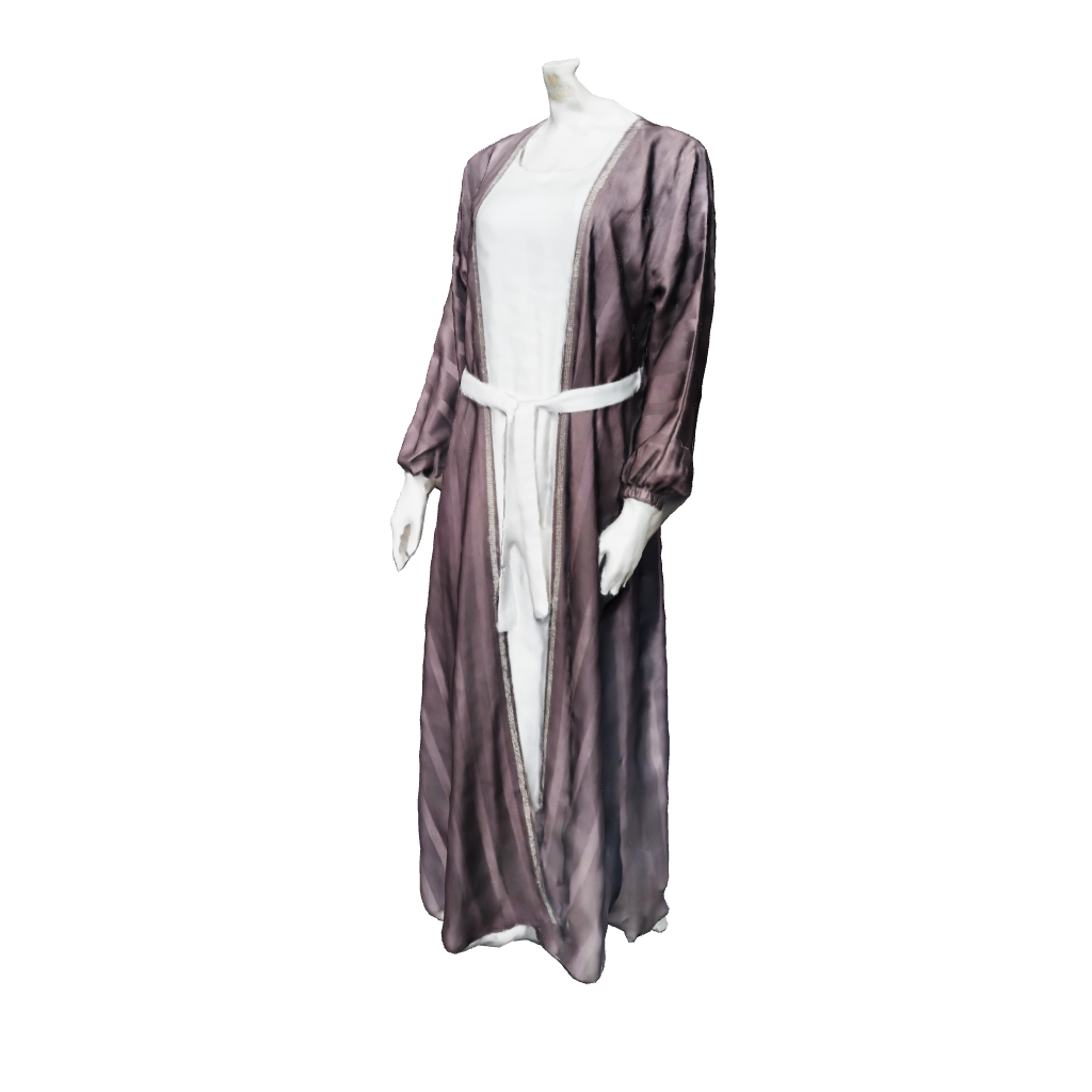 3D wearing luxury brown textured open abaya with inner dress and white Korean silk crêpe hijab