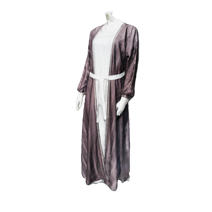 3D wearing luxury brown textured open abaya with inner dress and white Korean silk crêpe hijab