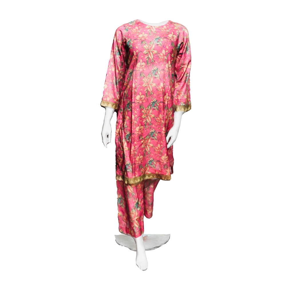 3D view of printed lawn dress 2 piece set with lace patch accents