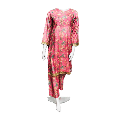 3D view of printed lawn dress 2 piece set with lace patch accents