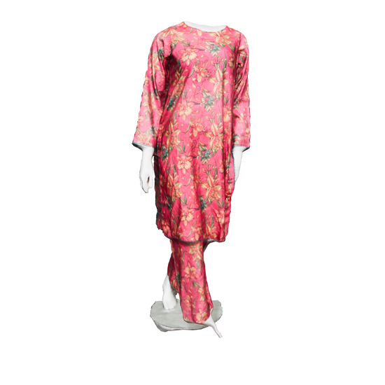 3D view of printed lawn dress 2 piece set with lace detailing