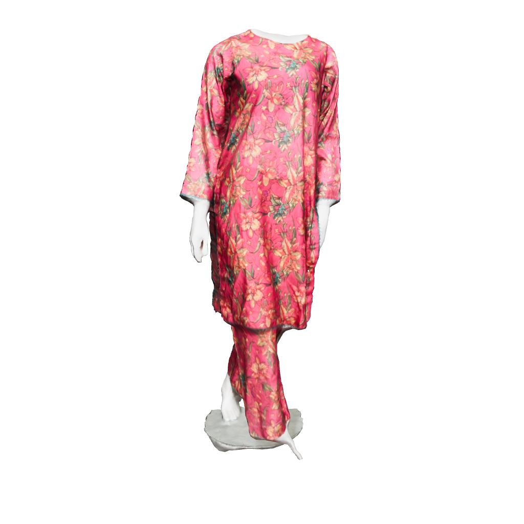 3D view of printed lawn dress 2 piece set with lace detailing