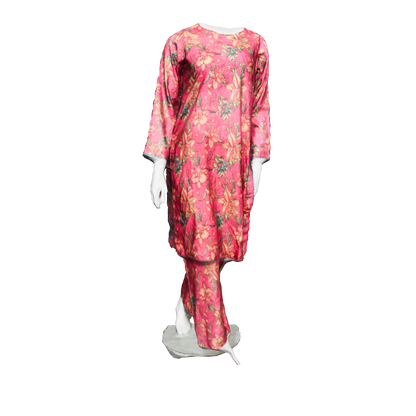 3D view of printed lawn dress 2 piece set with lace detailing