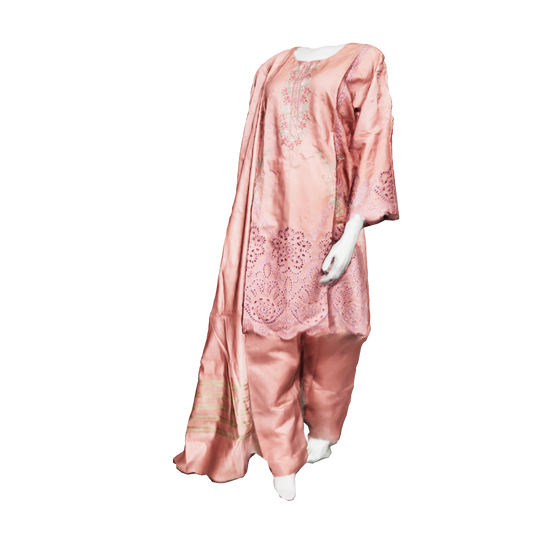 Luxury dusty rose cut-work kurta with floral thread embroidery and silk dupatta by RUHKÉ 3D