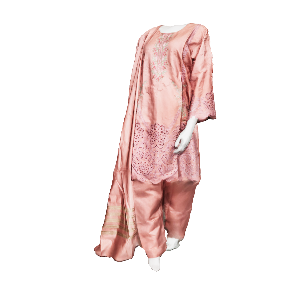 Luxury dusty rose cut-work kurta with floral thread embroidery and silk dupatta by RUHKÉ 3D