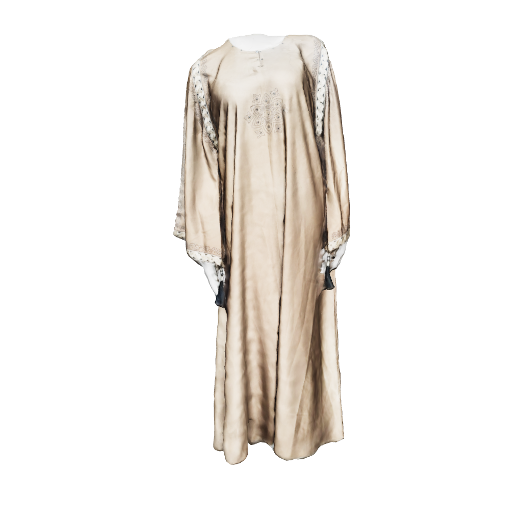 Elegant black abaya featuring gold embroidery and intricate stone embellishment, luxury modest wear by RUHKÉ 3D image