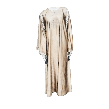 Elegant black abaya featuring gold embroidery and intricate stone embellishment, luxury modest wear by RUHKÉ 3D image