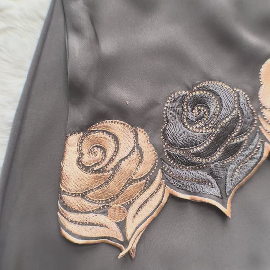 Designer grey nida abaya with luxury embroidery, stone accents and matching hijab video