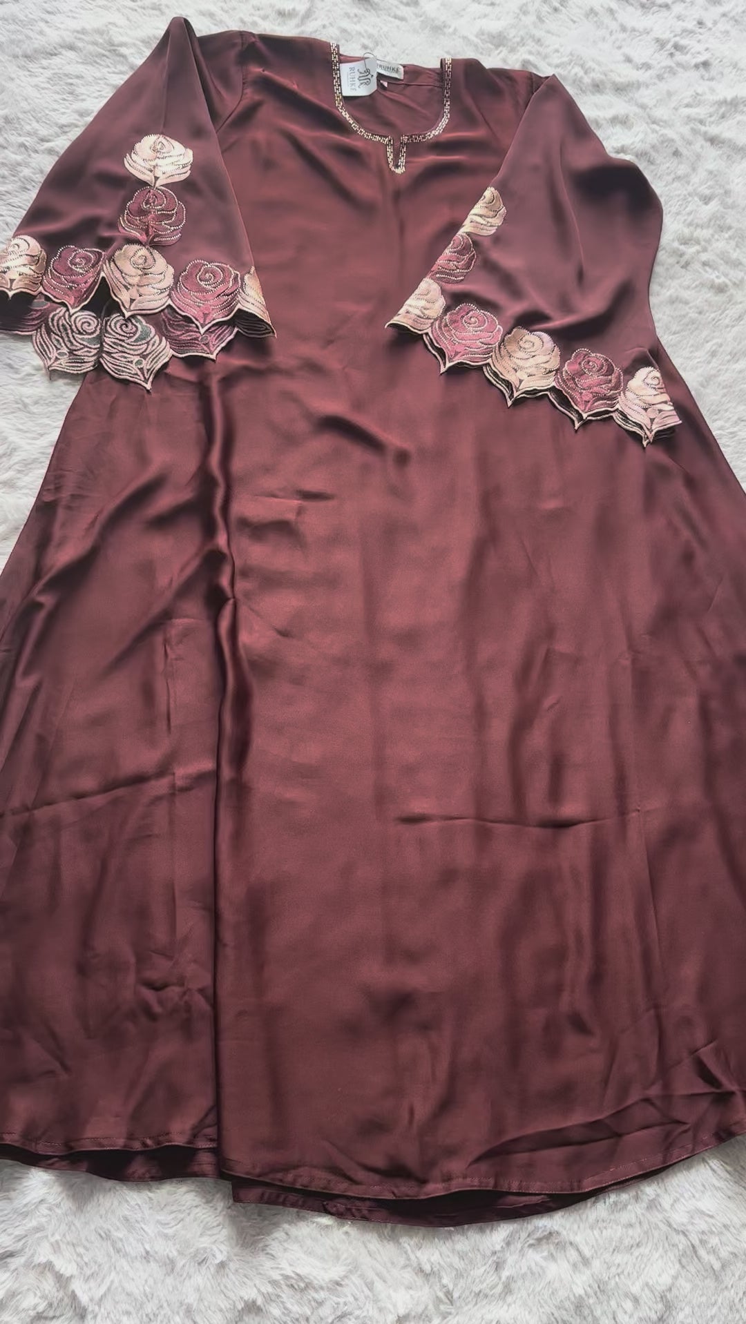 Formal brown abaya crafted in premium nida fabric with embellished cut-work sleeves Formal brown abaya crafted in premium nida fabric with embellished cut-work sleevesideVideo