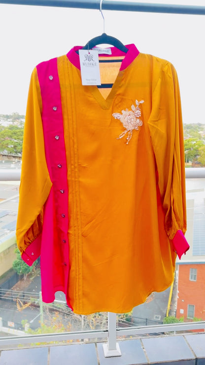 Premium Linen Mustard & Pink Hand-Beaded Designer Shirt for Women | RUHKÉ Luxury Casual Wear