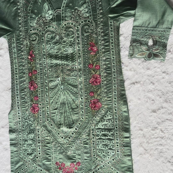 Luxury sage green cut-work kurta with intricate thread embroidery and zari detailing, paired with an elegant organza net dupatta by RUHKÉ Video