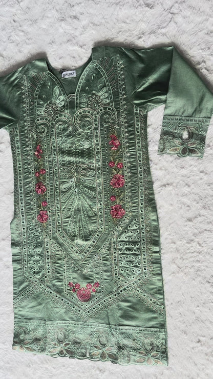 Luxury sage green cut-work kurta with intricate thread embroidery and zari detailing, paired with an elegant organza net dupatta by RUHKÉ Video