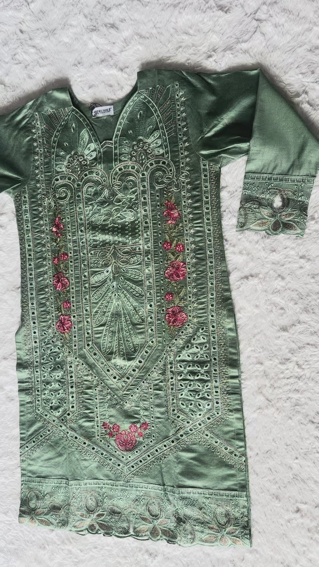 Luxury sage green cut-work kurta with intricate thread embroidery and zari detailing, paired with an elegant organza net dupatta by RUHKÉ Video