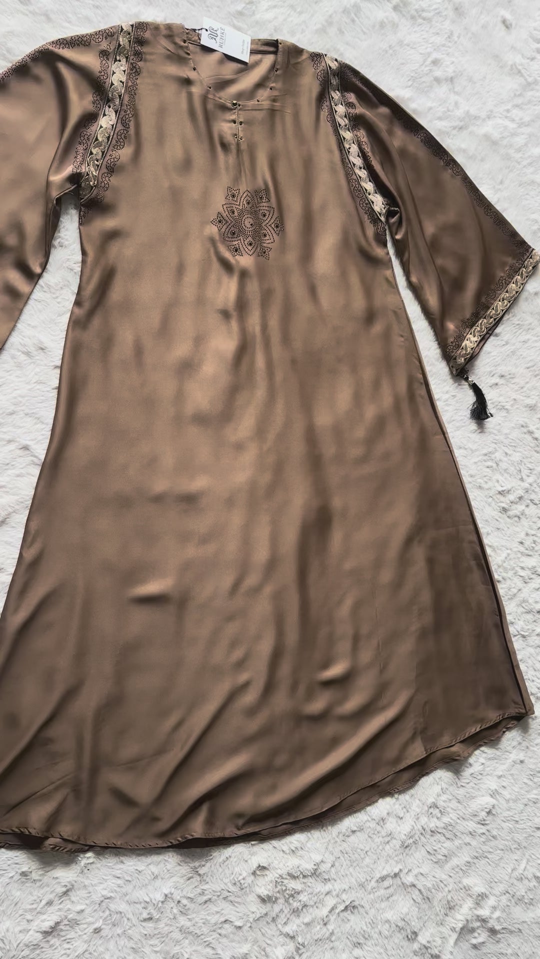 Formal black abaya with gold embellishment and delicate stone work, premium nida fabric video