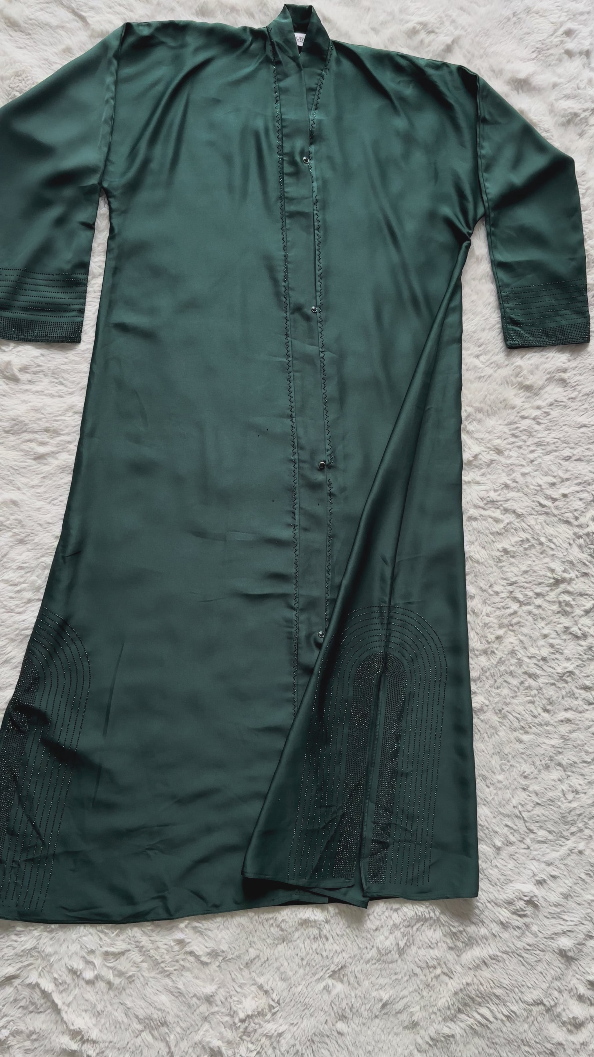 Formal front open abaya with elegant reverse U stone design and flowing silhouette video