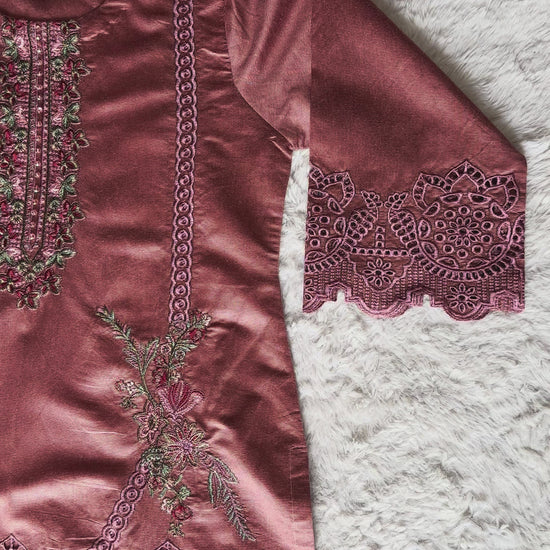 Luxury dusty rose cut-work kurta with floral thread embroidery and silk dupatta by RUHKÉ Video