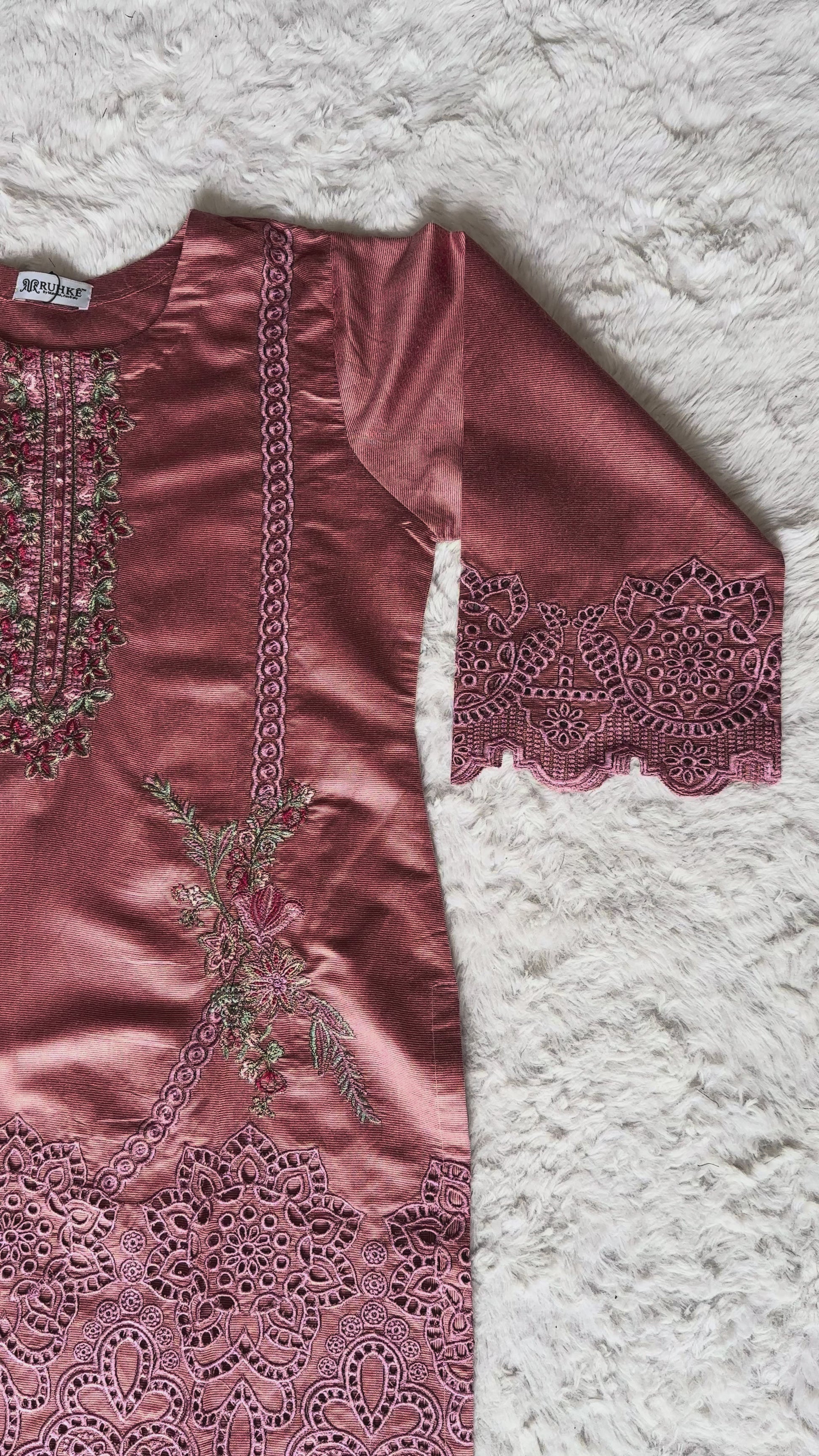 Luxury dusty rose cut-work kurta with floral thread embroidery and silk dupatta by RUHKÉ Video