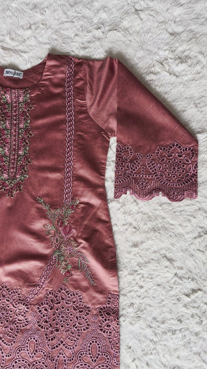Luxury dusty rose cut-work kurta with floral thread embroidery and silk dupatta by RUHKÉ Video