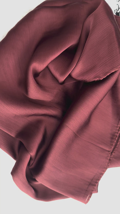 Video showing brown Korean silk satin crêpe hijab movement, drape and luxury modest wear quality by RUHKÉ™