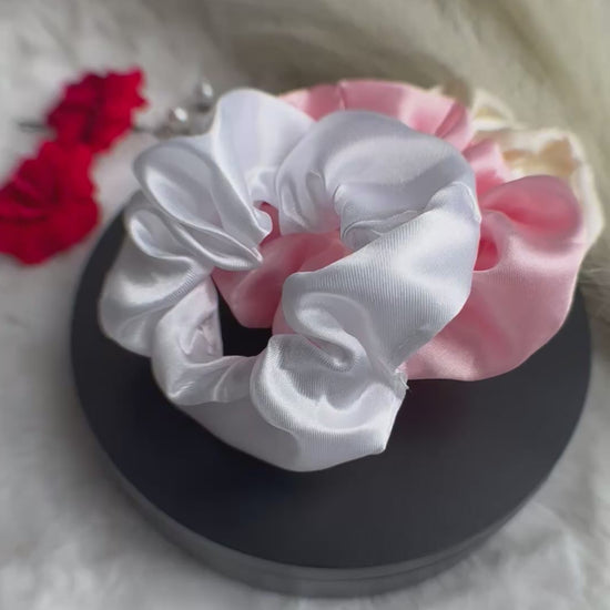 Luxury satin scrunchies in white, blush pink and beige video