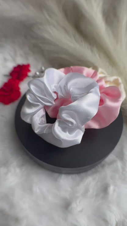 Luxury satin scrunchies in white, blush pink and beige video