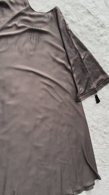 Luxury grey premium Nida abaya featuring full flare silhouette with elegant cut-work embroidery on sleeves, modest designer abaya by RUHKÉ videos