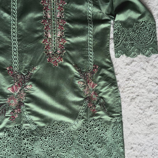 Designer sage green cut-work kurta featuring delicate floral thread embroidery, paired with a luxurious silk dupatta by RUHKÉ shirt